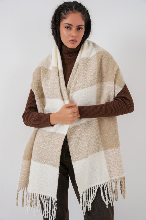 Kadın Yumuşak Dokulu Kalın Şal Atkı 15951 - Vizon