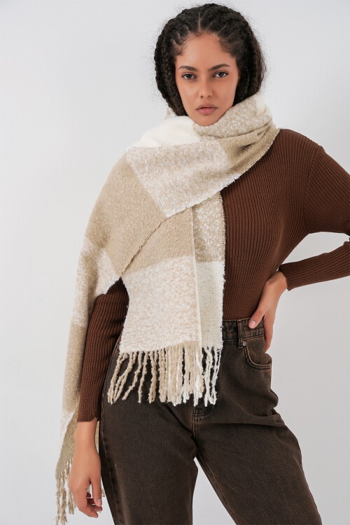 Kadın Yumuşak Dokulu Kalın Şal Atkı 15951 - Vizon