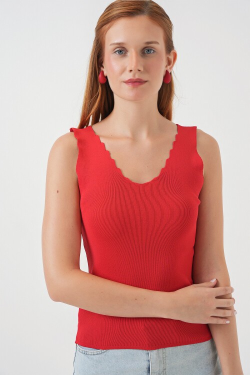 Kadın Zikzaklı V Yaka Bluz 15930 - Kırmızı