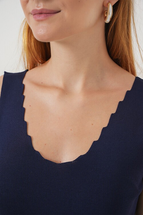 Kadın Zikzaklı V Yaka Bluz 15930 - Lacivert