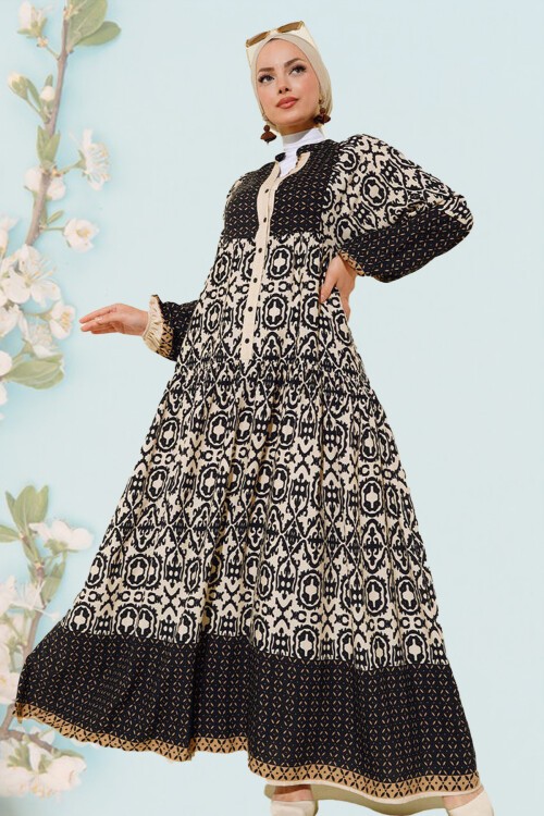 Merterium Desenli Tesettür Elbise - Siyah