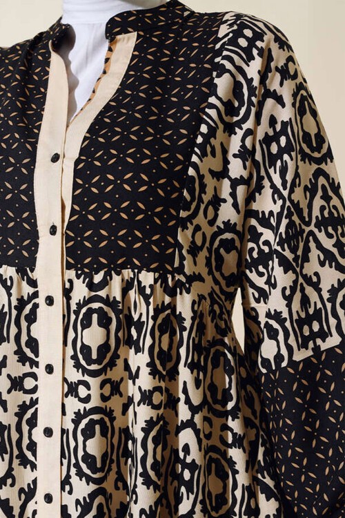 Merterium Desenli Tesettür Elbise - Siyah