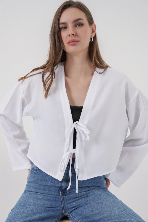 Önü Bağlamalı Keten Kimono 960 - Beyaz