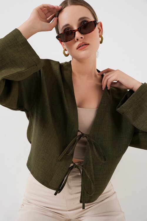 Önü Bağlamalı Keten Kimono 960 - Haki