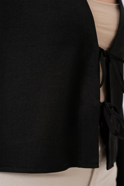 Önü Bağlamalı Keten Kimono 960 - Siyah