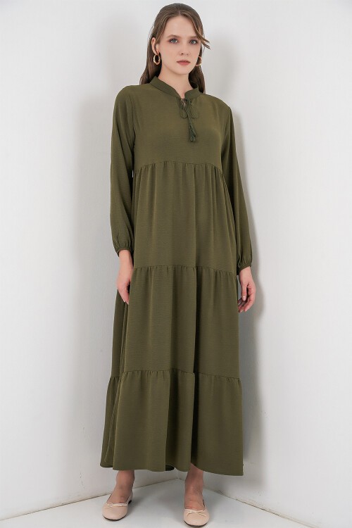 T1627 Yaka Bağcıklı Elbise - D.Haki