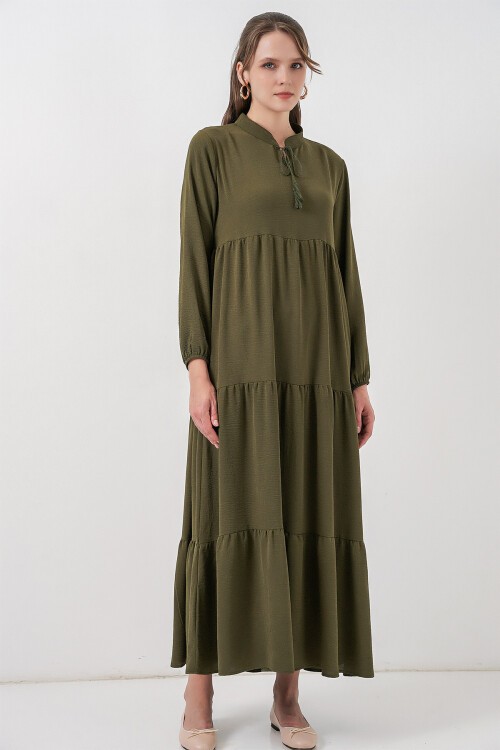 T1627 Yaka Bağcıklı Elbise - D.Haki