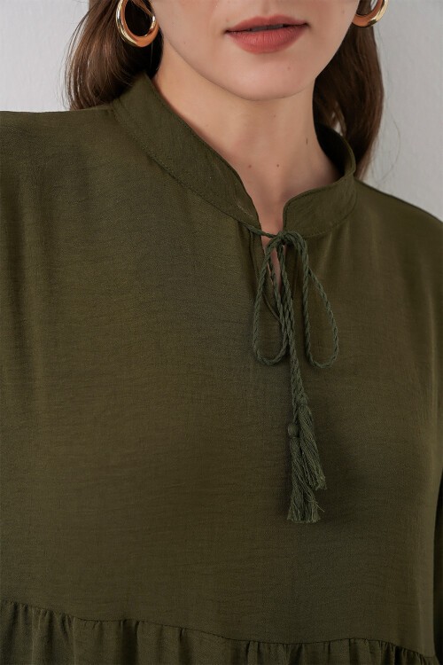 T1627 Yaka Bağcıklı Elbise - D.Haki