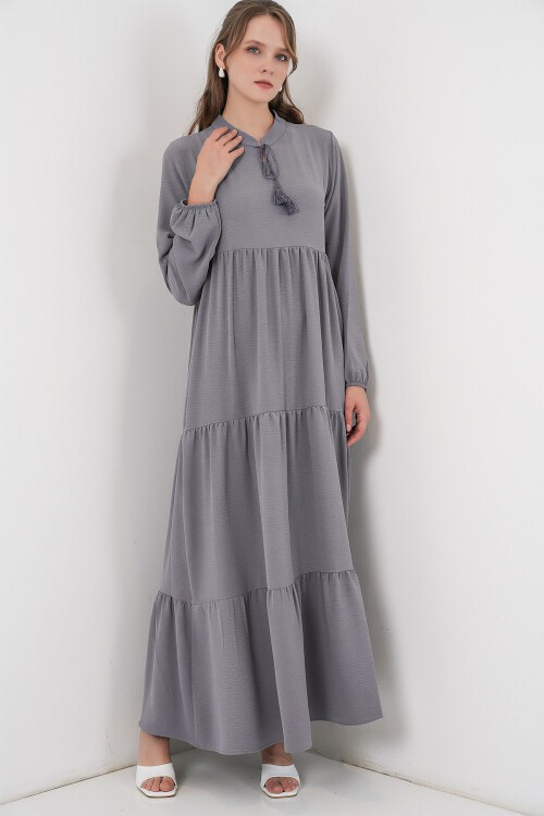 T1627 Yaka Bağcıklı Elbise - Gri
