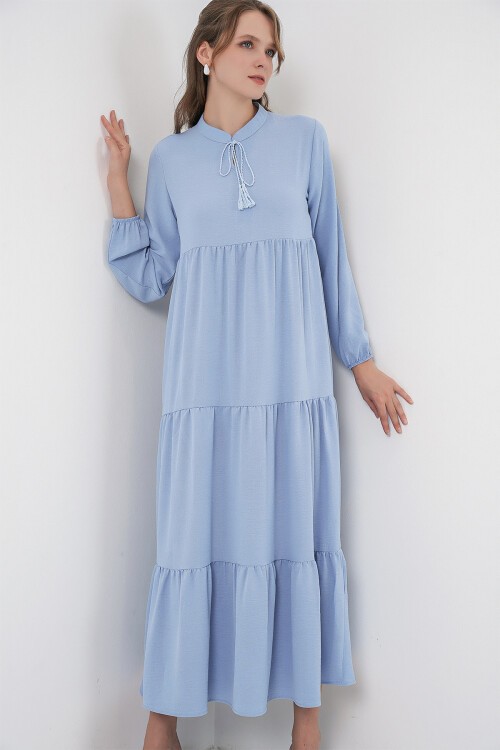 T1627 Yaka Bağcıklı Elbise - Koyu Mavi