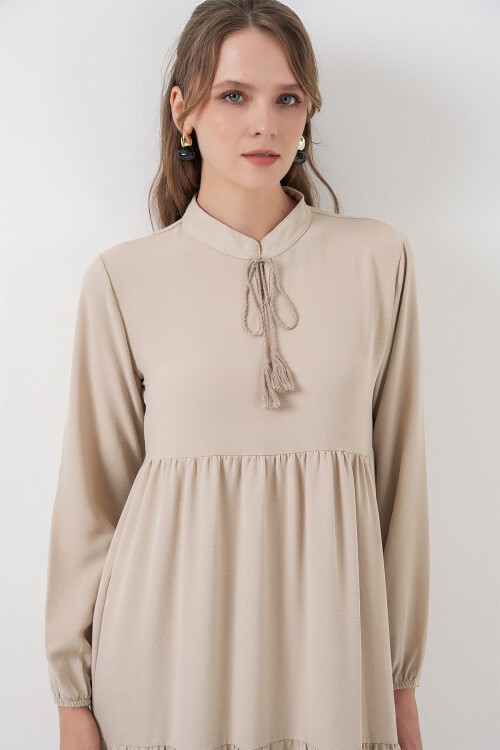 T1627 Yaka Bağcıklı Elbise - Taş