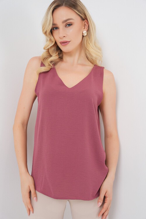 V Yaka Sıfır Kol Bluz 950 - D.Gül Kurusu