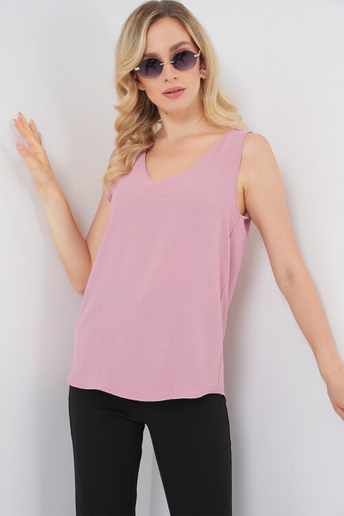 V Yaka Sıfır Kol Bluz 950 - Pembe