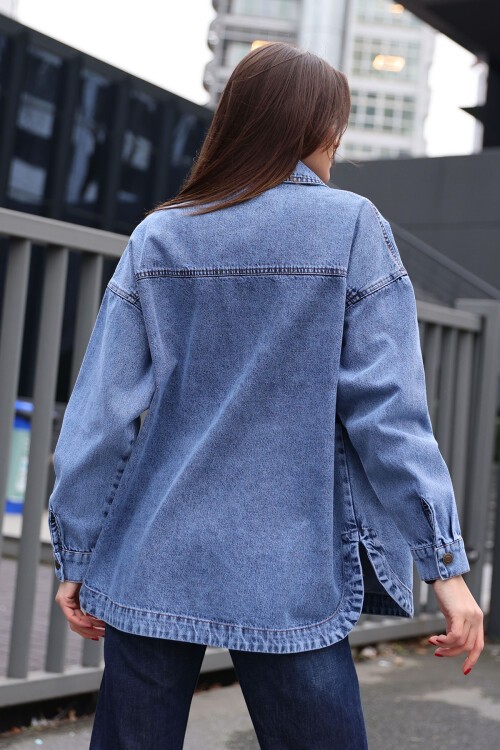0694 Çift Cepli Oversize Denim Ceket - Lacivert