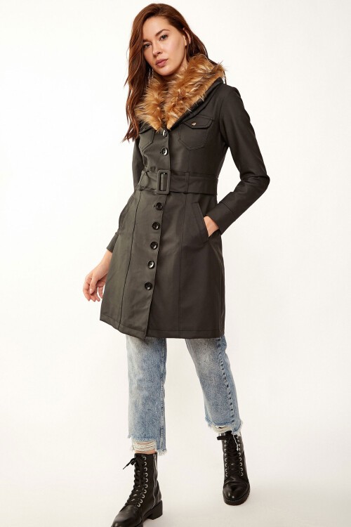 1026 Kemerli Suni Kürklü Deri Mont - Siyah