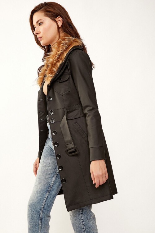 1026 Kemerli Suni Kürklü Deri Mont - Siyah