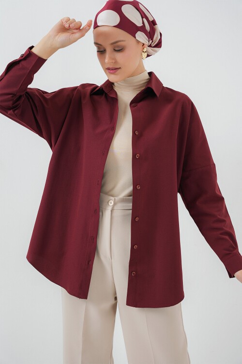103901 Oversize Basic Tesettür Gömlek - Mürdüm