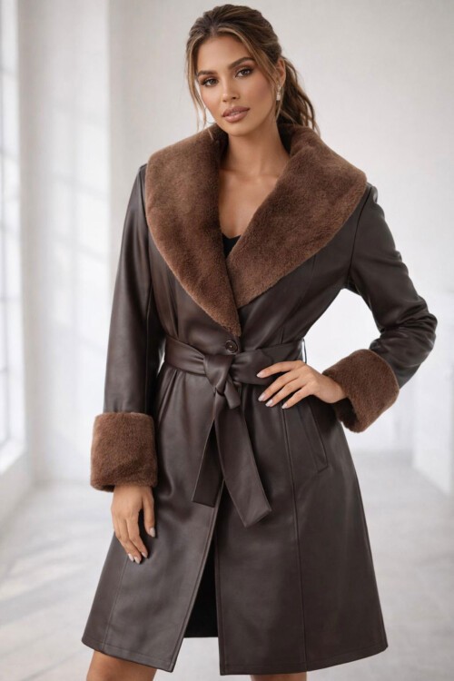 1045 Kürklü Suni Deri Kaban - Kahverengi