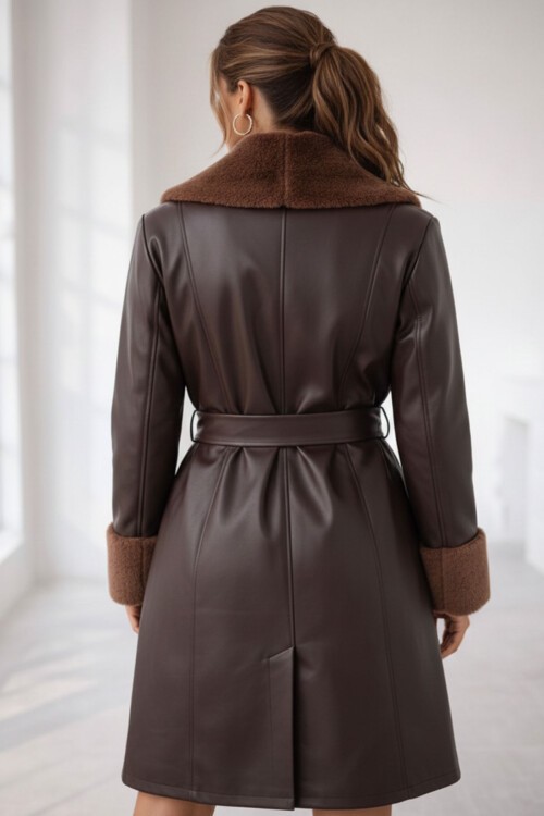 1045 Kürklü Suni Deri Kaban - Kahverengi