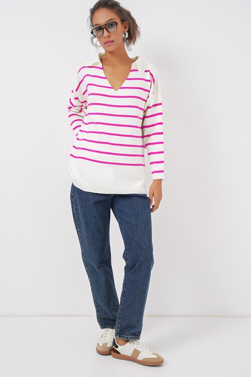 15778 Çizgili Oversize Kazak - Fuşya