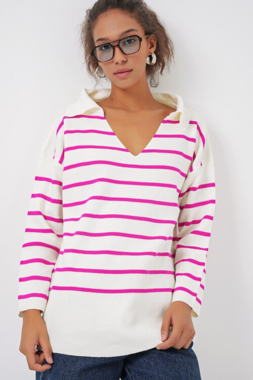 15778 Çizgili Oversize Kazak - Fuşya