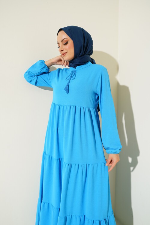 1627 Yaka Bağcıklı Tesettür Elbise - C.Mavi