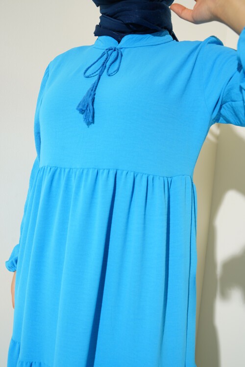 1627 Yaka Bağcıklı Tesettür Elbise - C.Mavi