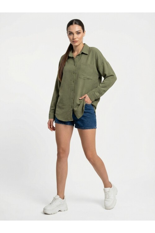 20153 Tek Cepli Oversize Keten Gömlek - A.Haki
