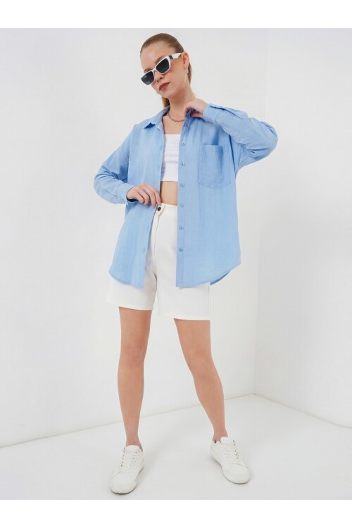 20153 Tek Cepli Oversize Keten Gömlek - Buz Mavi