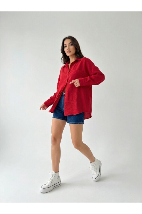 20153 Tek Cepli Oversize Keten Gömlek - Nar