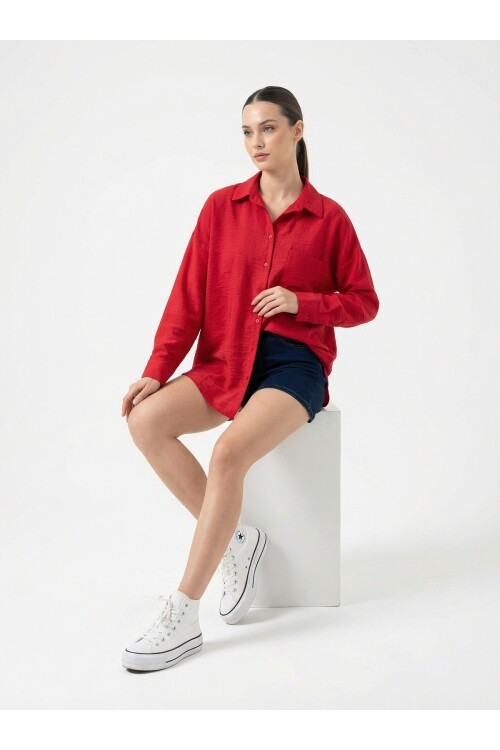 20153 Tek Cepli Oversize Keten Gömlek - Nar