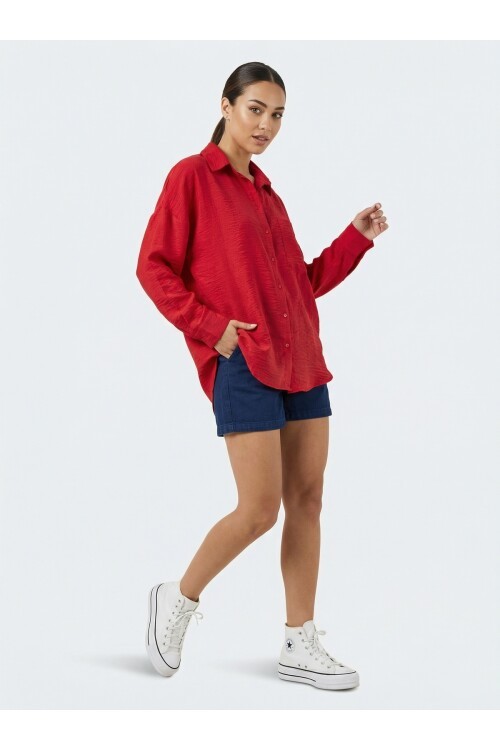 20153 Tek Cepli Oversize Keten Gömlek - Nar