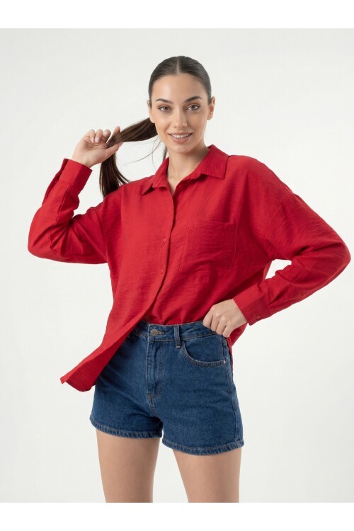 20153 Tek Cepli Oversize Keten Gömlek - Nar