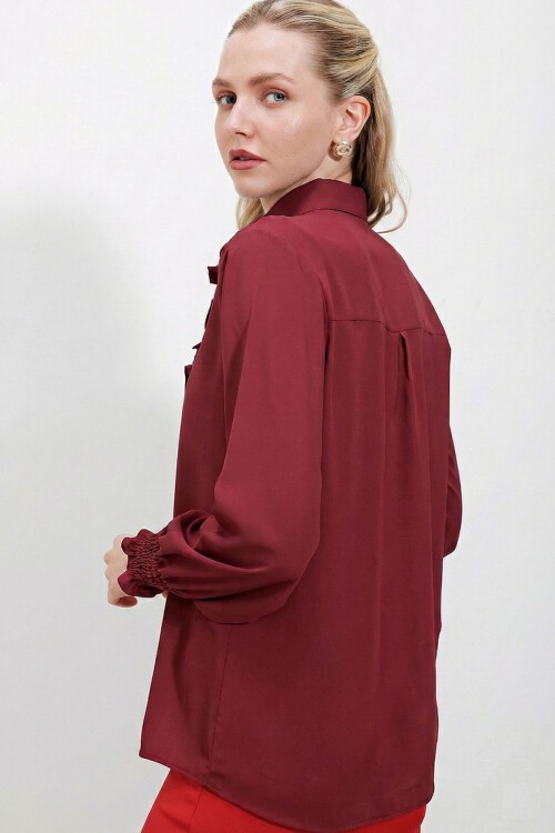 20223 Fırfırlı Uzun Kol Gömlek - Bordo