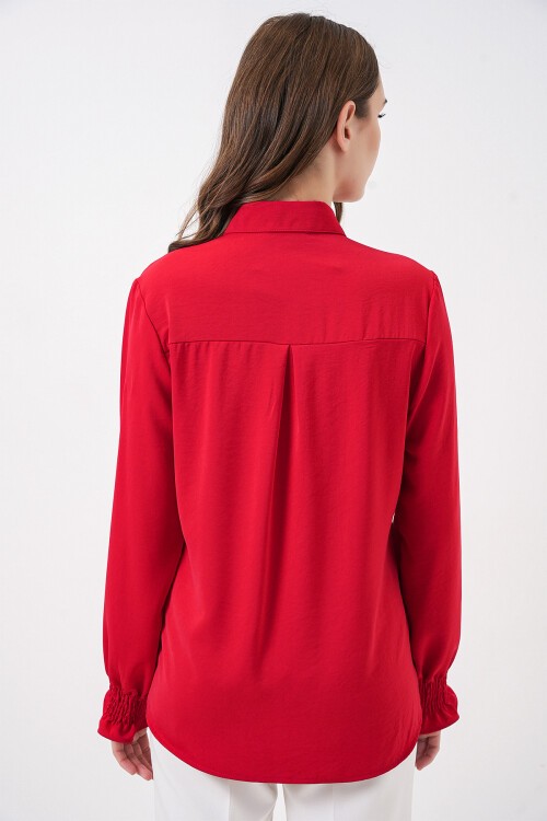 20223 Fırfırlı Uzun Kol Gömlek - Kırmızı