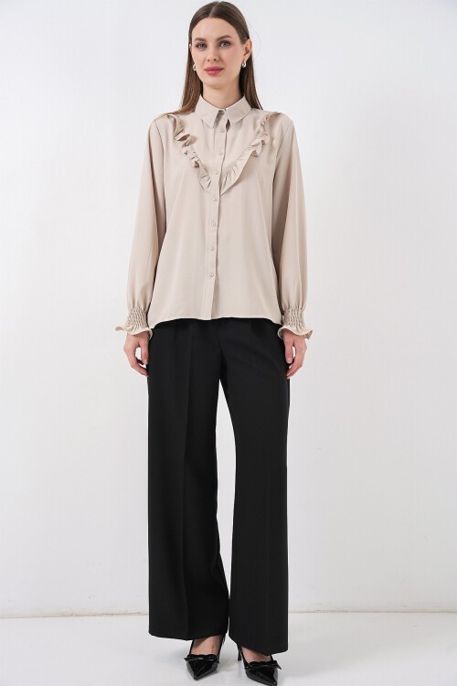 20223 Fırfırlı Uzun Kol Gömlek - Taş