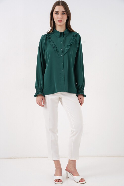 20223 Fırfırlı Uzun Kol Gömlek - Zümrüt Yeşili
