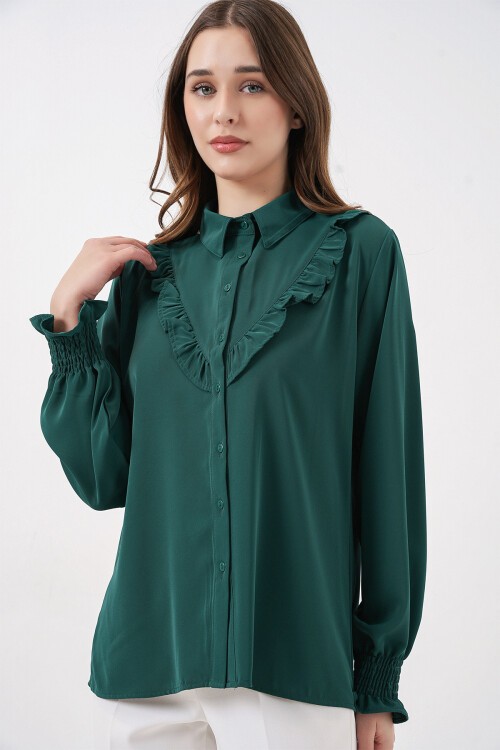 20223 Fırfırlı Uzun Kol Gömlek - Zümrüt Yeşili
