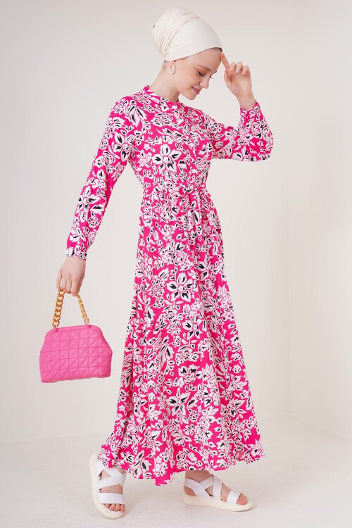 2144 Hakim Yaka Tesettür Elbise - Fuşya