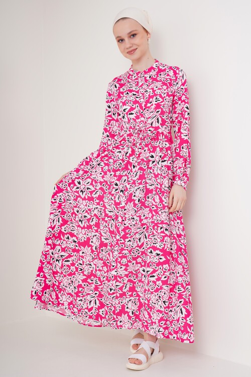 2144 Hakim Yaka Tesettür Elbise - Fuşya