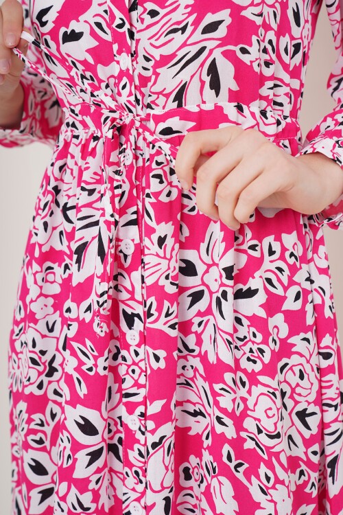 2144 Hakim Yaka Tesettür Elbise - Fuşya