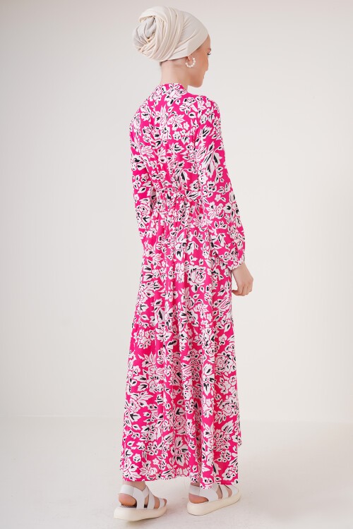 2144 Hakim Yaka Tesettür Elbise - Fuşya