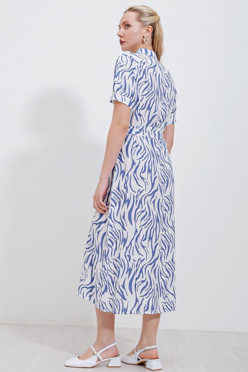 2213 Kısa Kol Viskon Elbise - Mavi