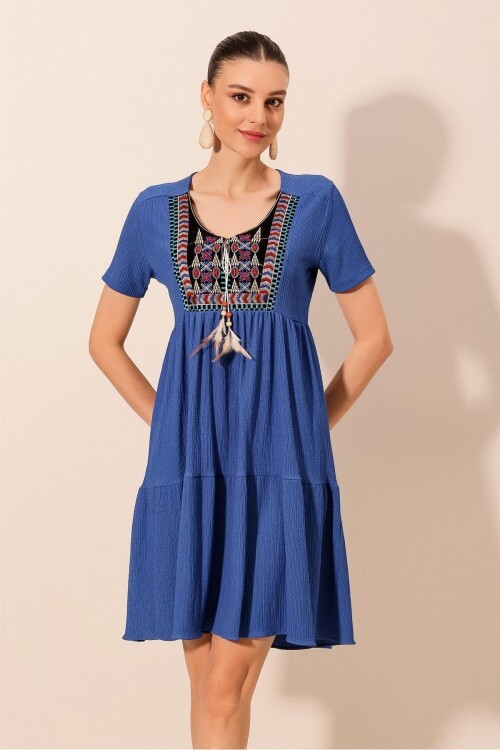 2429 Nakışlı Örme Elbise - Saks