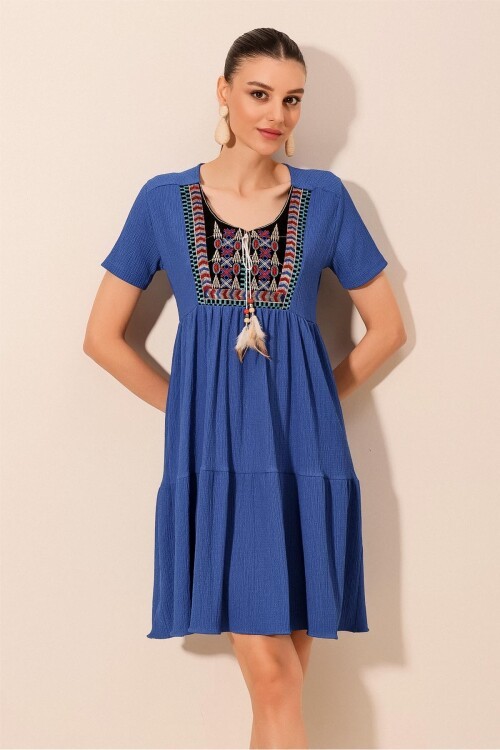 2429 Nakışlı Örme Elbise - Saks