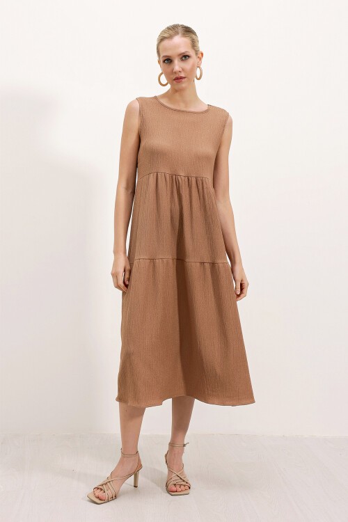2448 Sıfır Kol Uzun Örme Elbise - Bisküvi