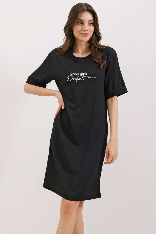 2452 Baskılı Oversize Örme Elbise - Siyah