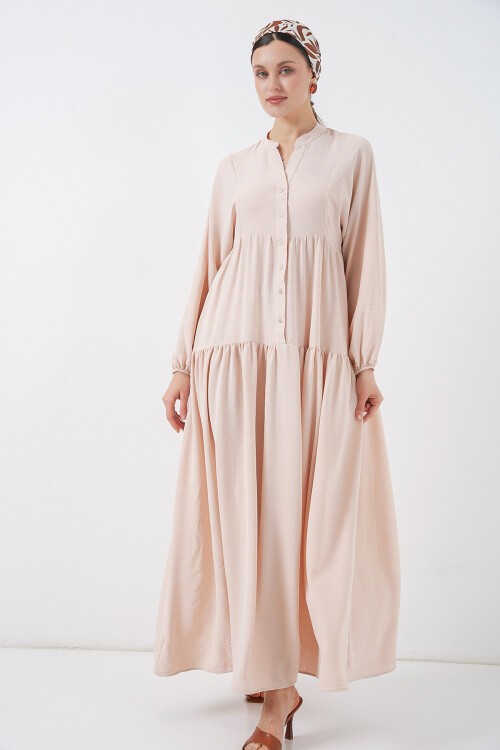 2527 Kadın Uzun Tesettür Elbise - Bej