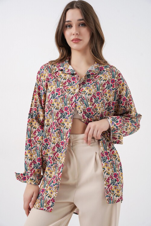 3721 Grafik Desenli Gömlek - Bej