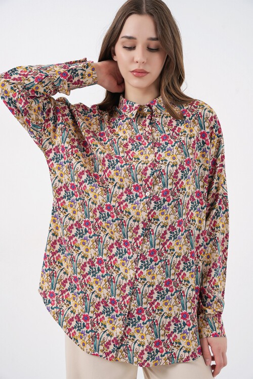 3721 Grafik Desenli Gömlek - Bej